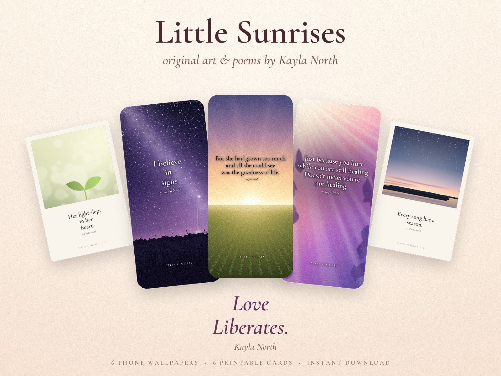 Little Sunrises preview: three phone wallpapers and two printable cards with short poems over sunrise, starry, and dawn scenes